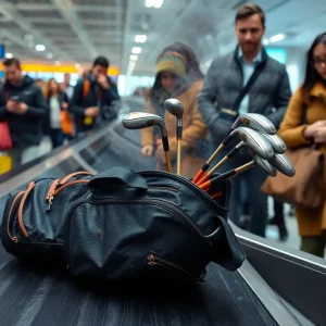 Damaged golf clubs and bag at airport baggage claim