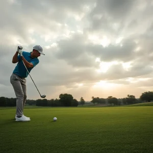 Golfer practicing swing on a green golf course