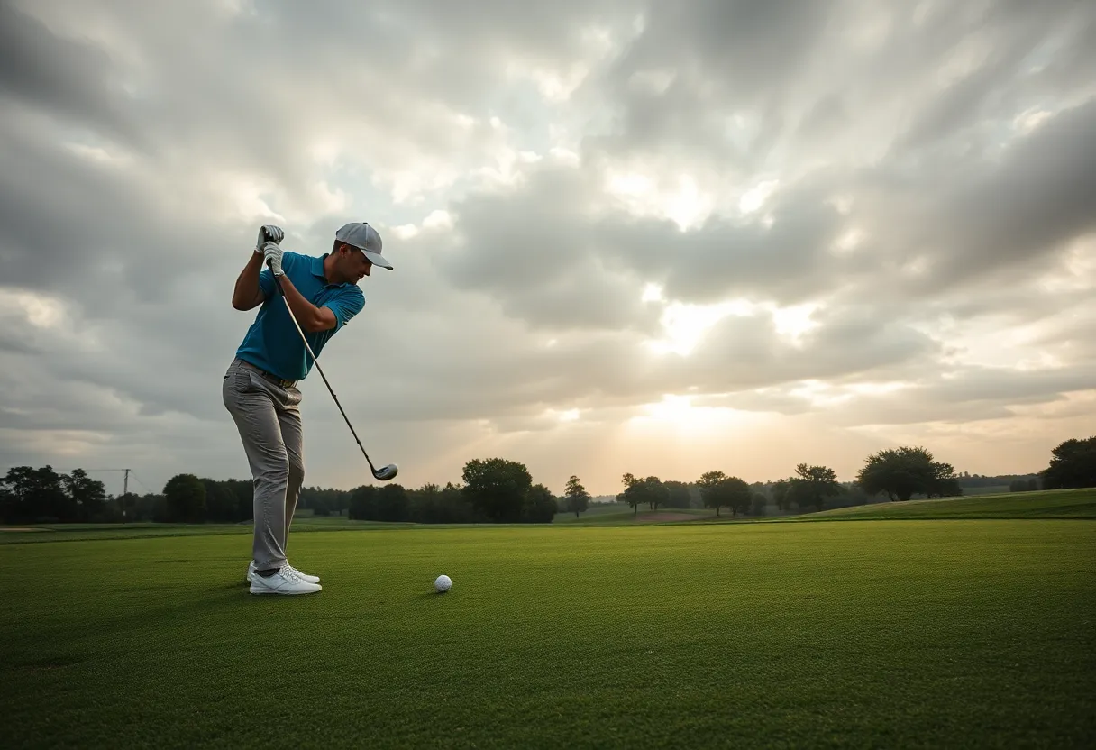 Golfer practicing swing on a green golf course