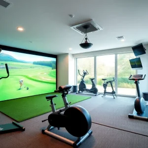 Modern home gym featuring fitness equipment and a golf simulator