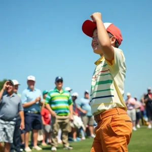 Young golfer celebrating hole-in-one at a tournament