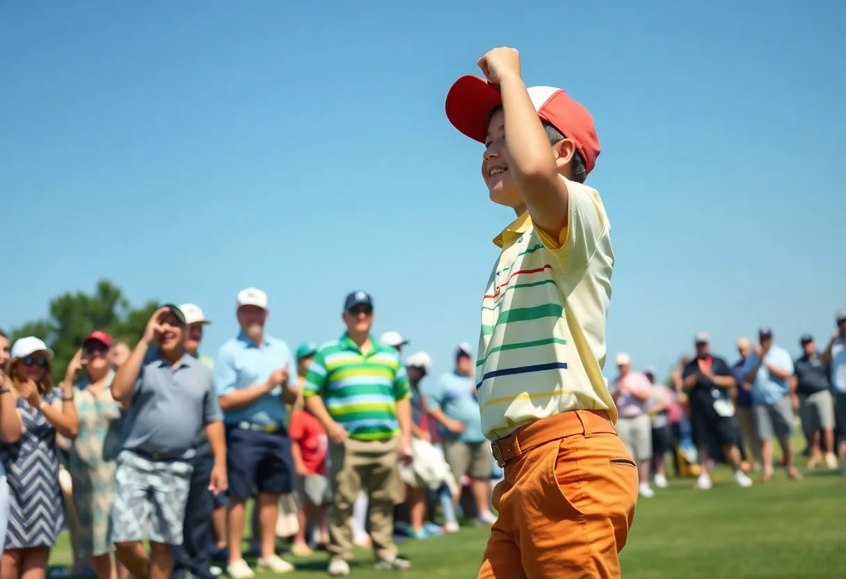 Young golfer celebrating hole-in-one at a tournament