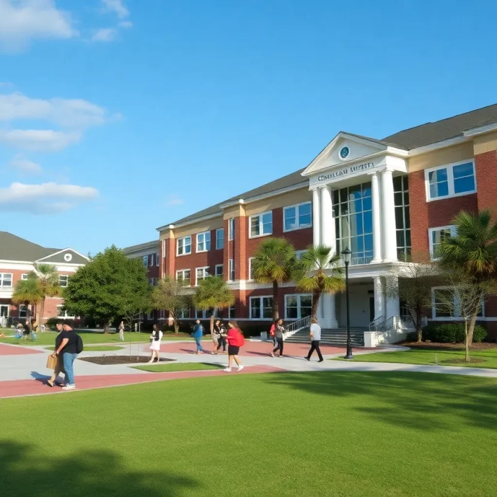 Students walking on the Coastal Carolina University campus after a false alarm evacuation.