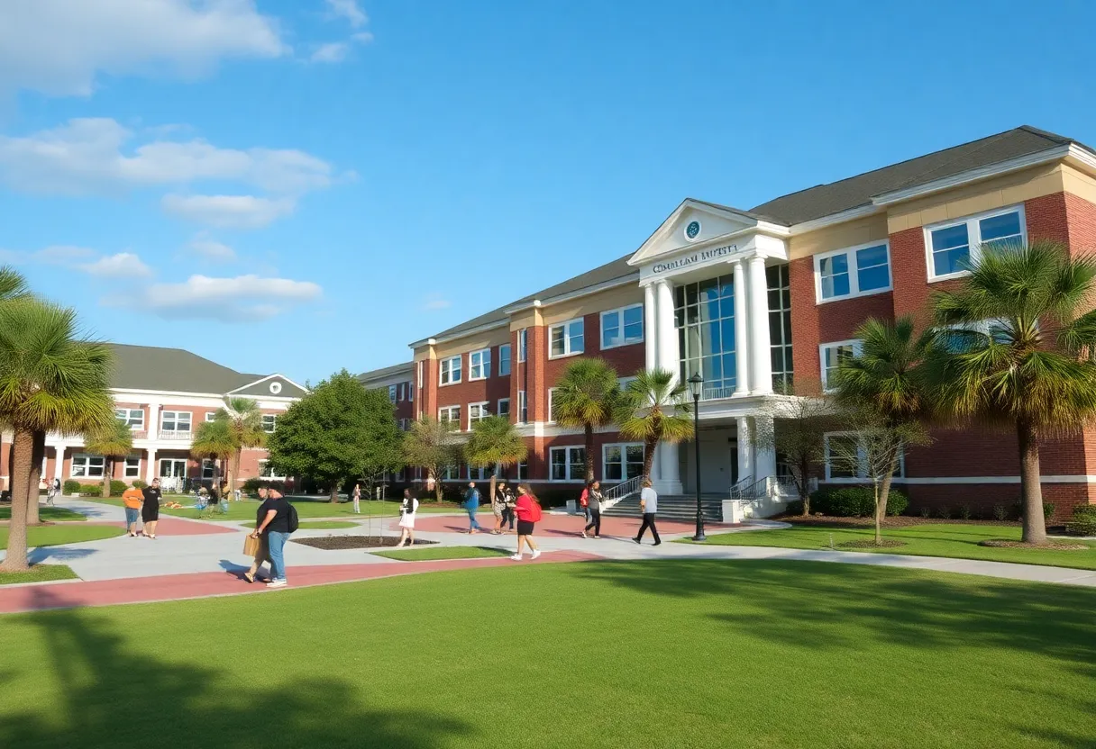 Students walking on the Coastal Carolina University campus after a false alarm evacuation.