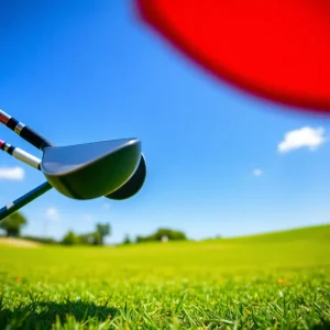 A beautiful college golf course with vibrant green grass and blue skies