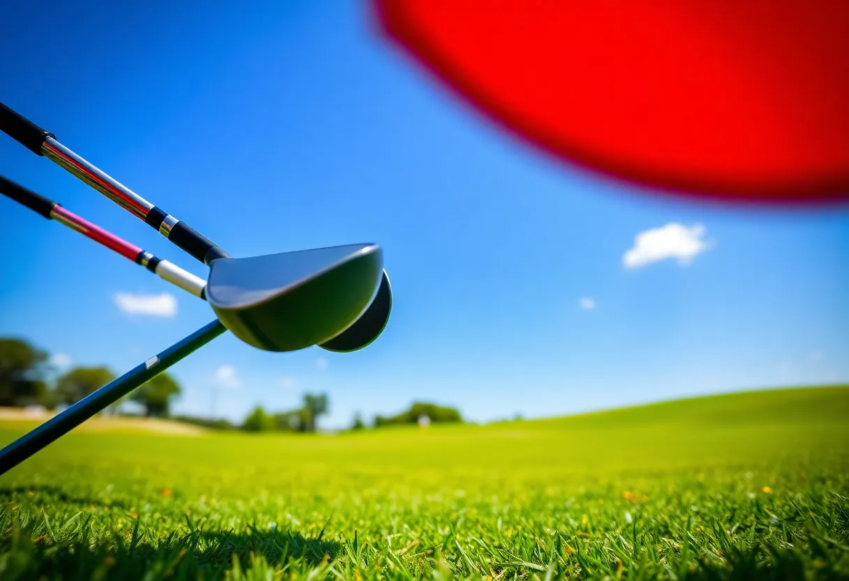 A beautiful college golf course with vibrant green grass and blue skies