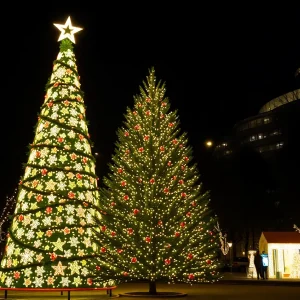 Christmas tree shining in Conway with festive decorations