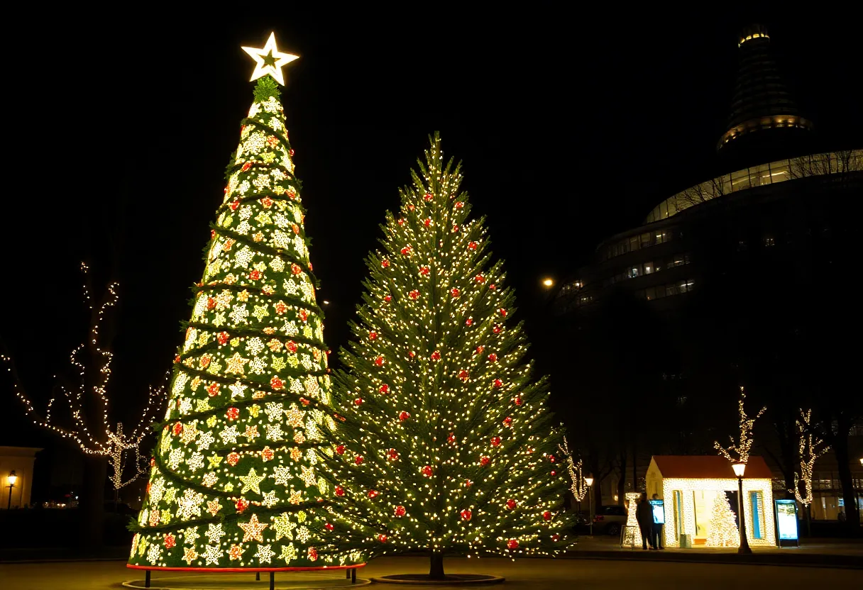 Christmas tree shining in Conway with festive decorations