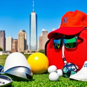 Collection of golf products and equipment in New York City setting.