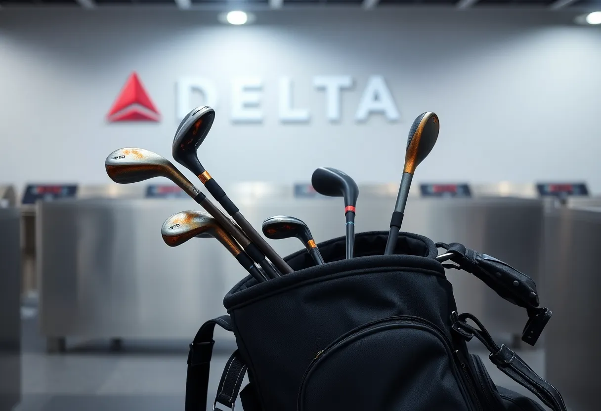 Scorched golf bag and charred clubs at baggage claim