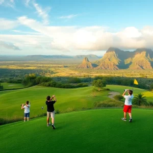 Golfers practicing during the Drive, Chip & Putt qualifier at Hualalai Golf Course