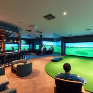 Indoor golf venue with simulators and dining area