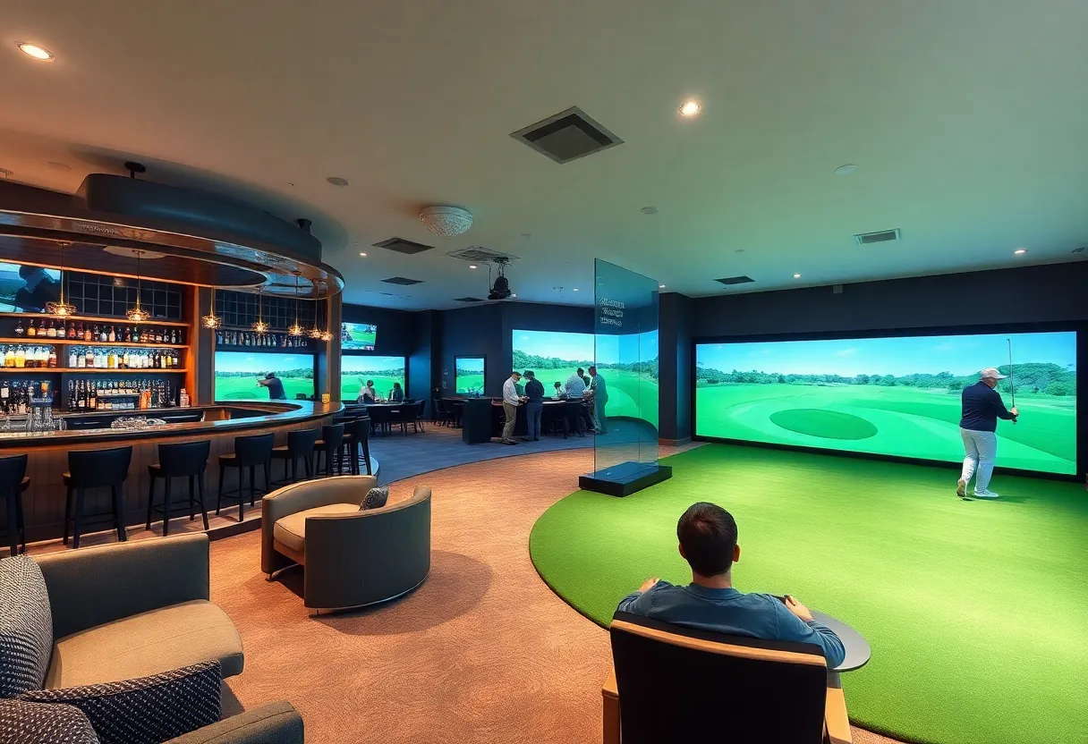 Indoor golf venue with simulators and dining area