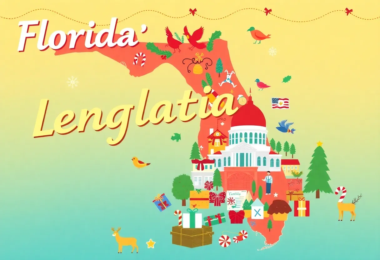 An artistic depiction of Florida's legislative highlights in a Christmas theme.