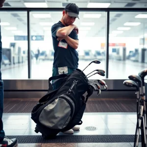 Charred golf clubs in a damaged golf bag at the airport