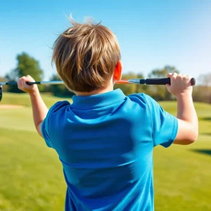 A young golfer practicing a swing on a lush golf course