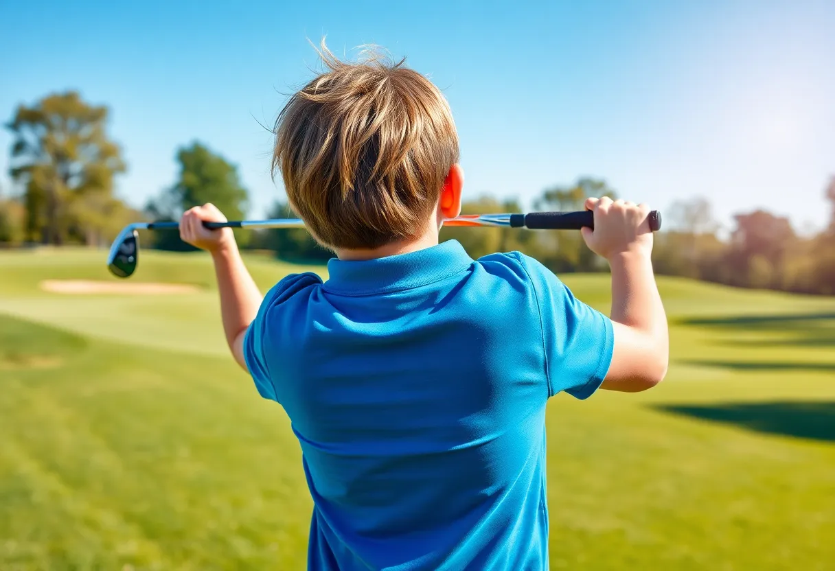 A young golfer practicing a swing on a lush golf course