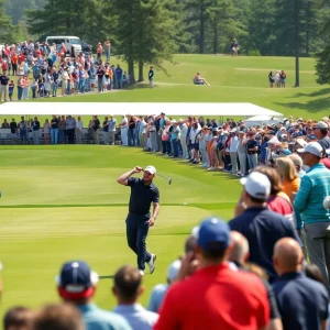 Golf tournament scene with players and spectators