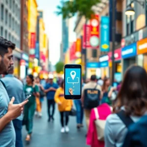 People using mobile devices on a city street for geolocation marketing