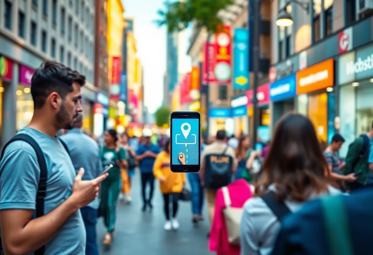 People using mobile devices on a city street for geolocation marketing