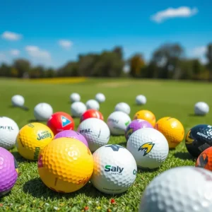 Variety of innovative golf balls on a golf course.