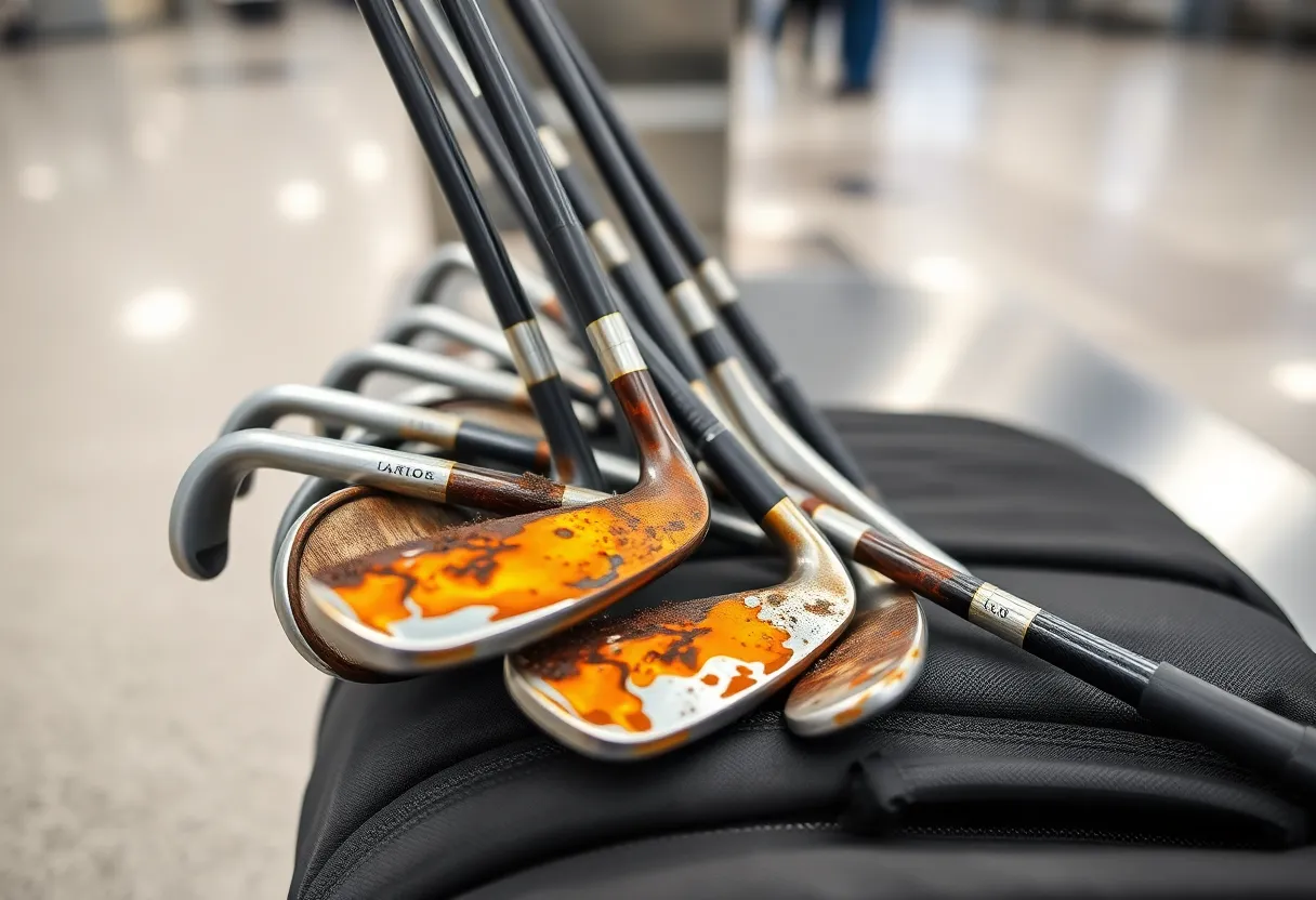 Charred golf clubs and bag at baggage claim