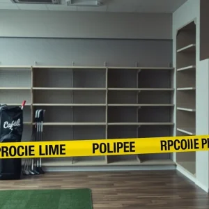 Police tape in a golf shop where expensive golf clubs were stolen