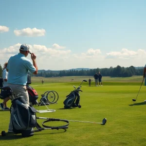 Modern golf course equipment in use on a sunny day