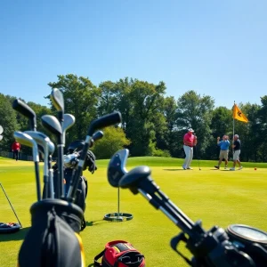 Golfers on a lush green golf course with golf equipment.