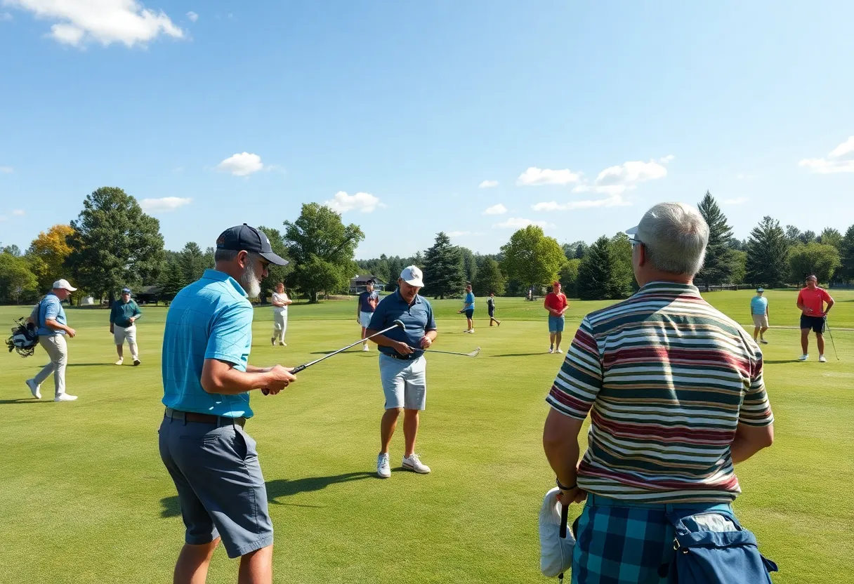 People playing golf on a sunny course with modern equipment