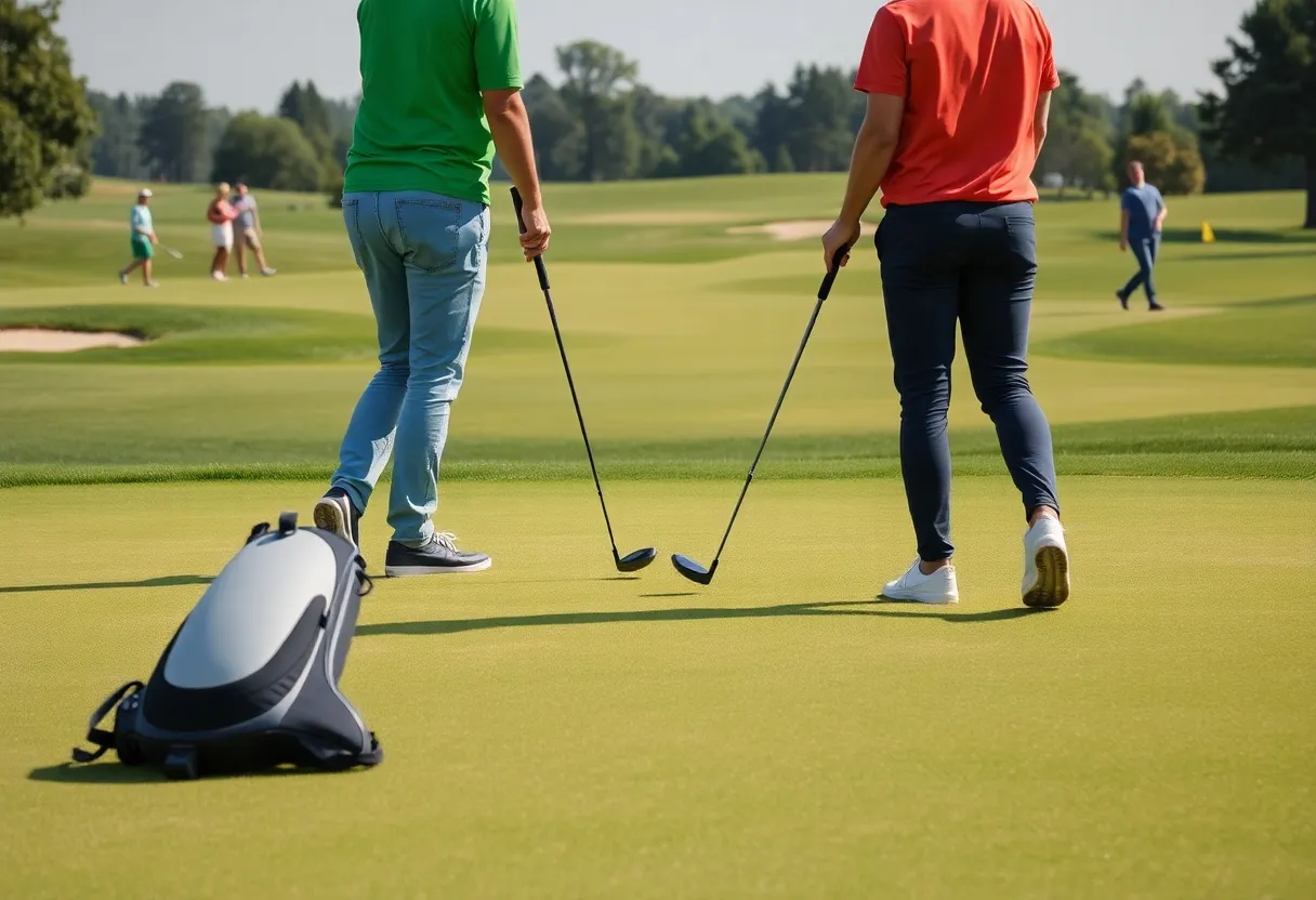 Golf course featuring modern equipment and players.