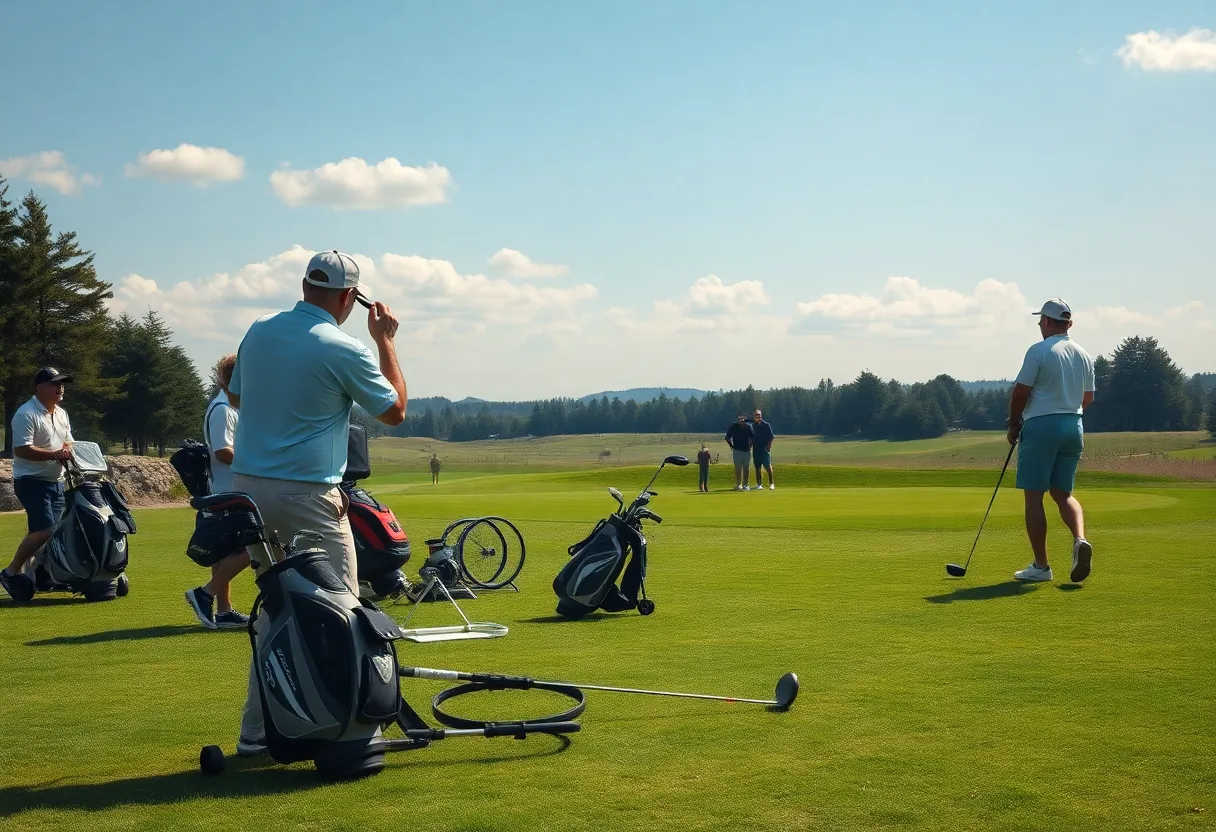 Modern golf course equipment in use on a sunny day