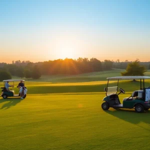 Early morning golf course with golfers waiting to start, peaceful atmosphere