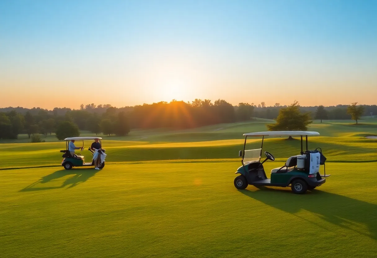 Early morning golf course with golfers waiting to start, peaceful atmosphere