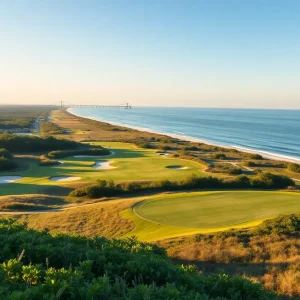 Lush golf course in Myrtle Beach with ocean in the background