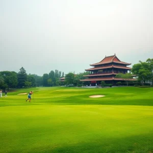 Golfers playing on a scenic golf course in China