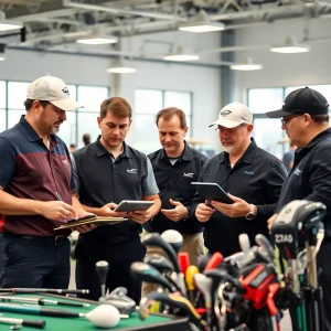 Golf equipment managers sharing knowledge at a symposium.