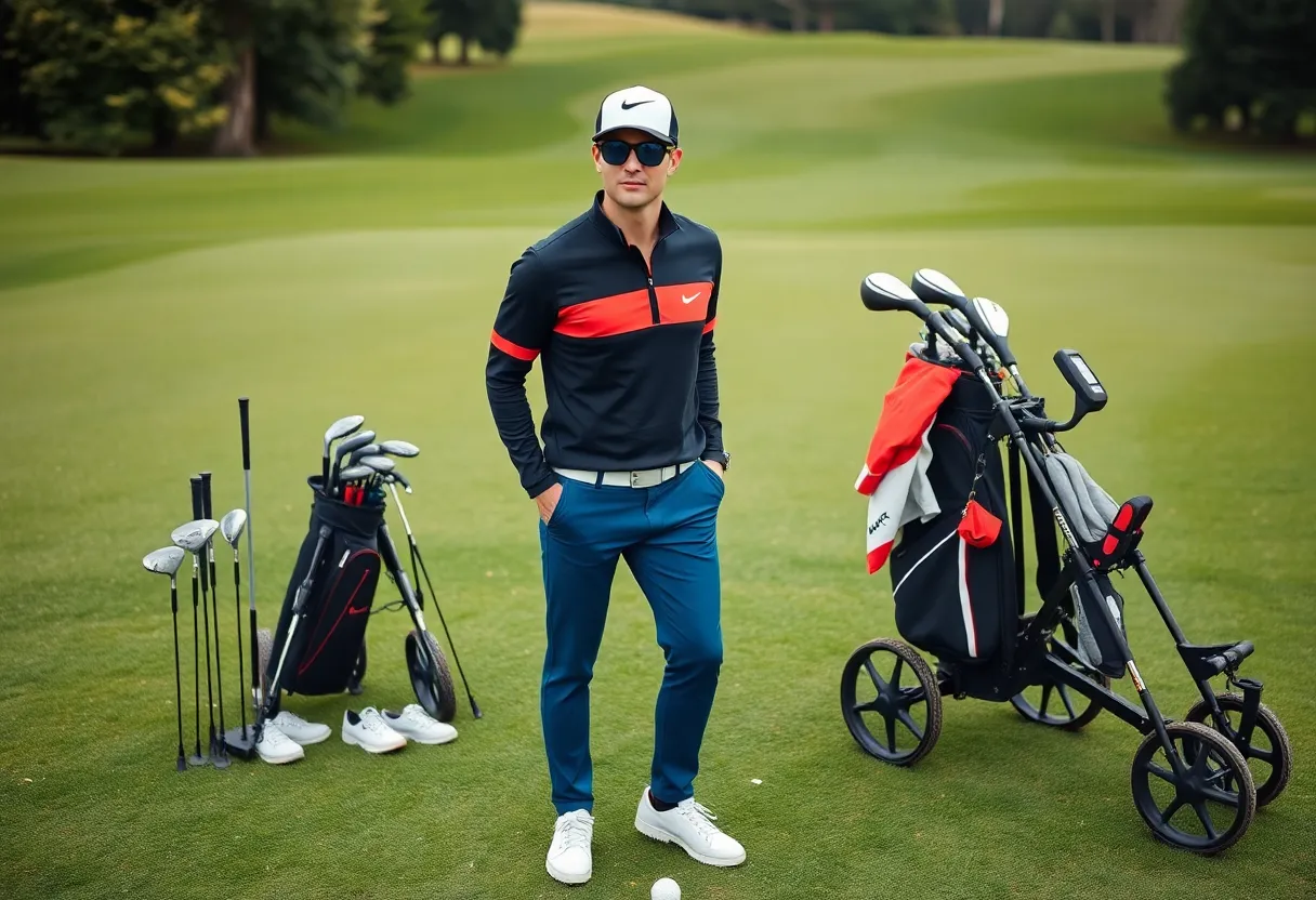 Stylish golfer showcasing the latest 2024 golf equipment and apparel