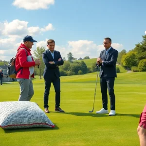 Golfers enjoying a friendly game on the course with modern attire and humorous props.