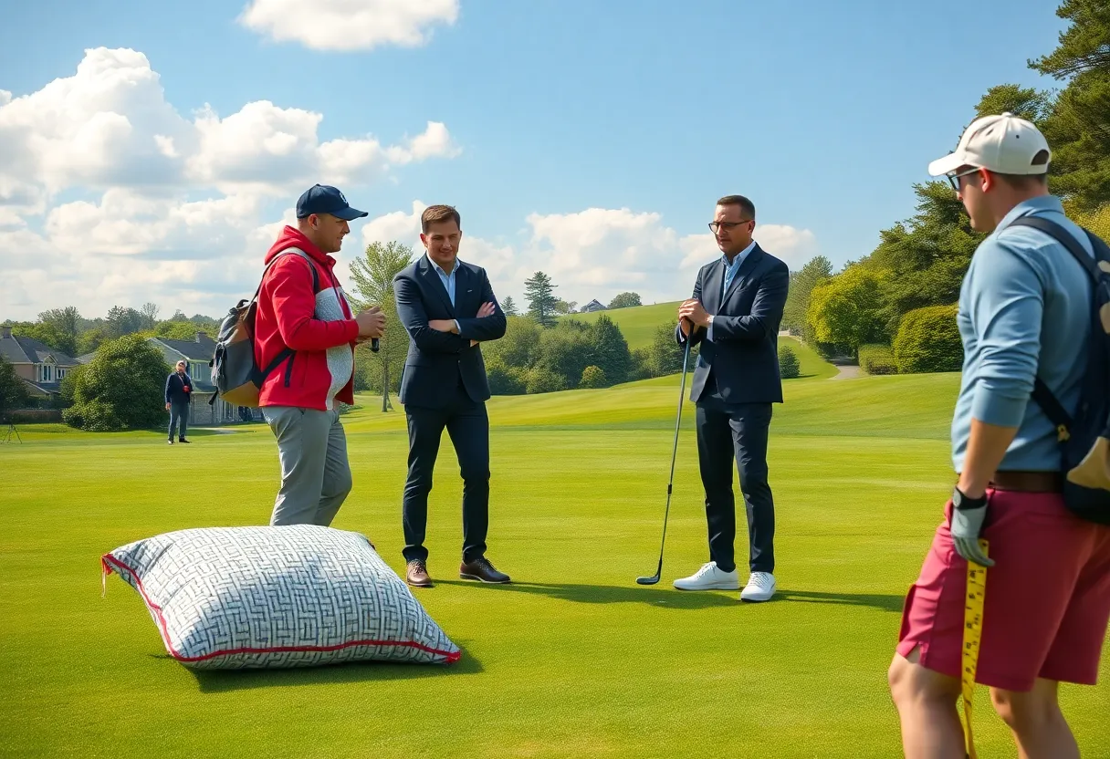 Golfers enjoying a friendly game on the course with modern attire and humorous props.