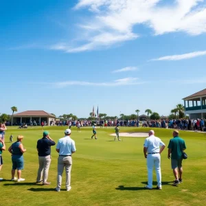 Players competing during the men's golf season kickoff at Grande Dunes Golf Club