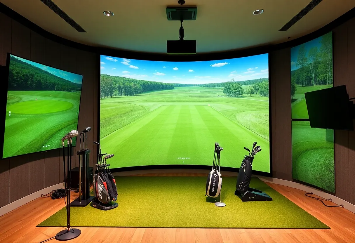 A high-end golf simulator with curved screens in a luxurious setting.