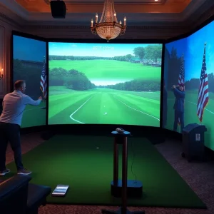 Golf simulator in the Governor's Mansion showing a virtual course.