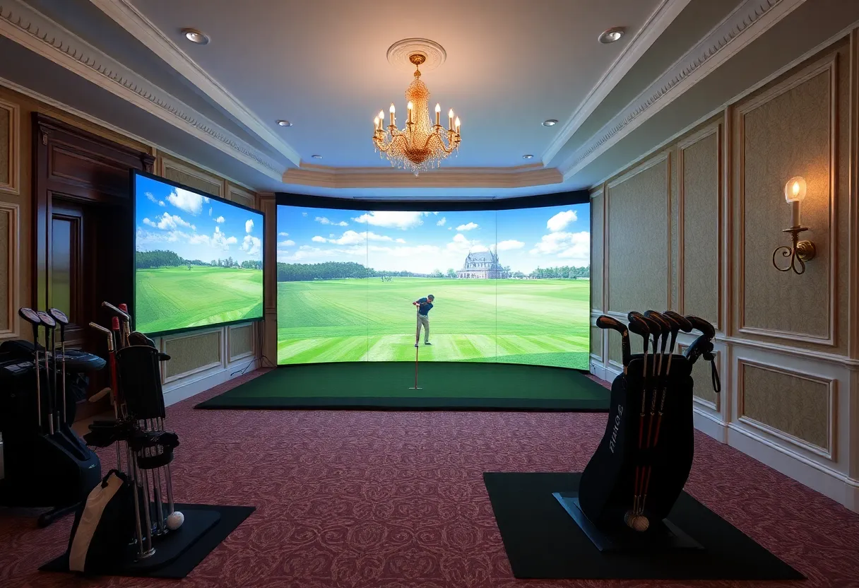 Golf simulator set up in the Governor's Mansion gym