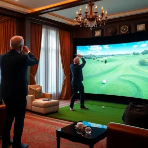 A politician using a golf simulator in a lavish living room.