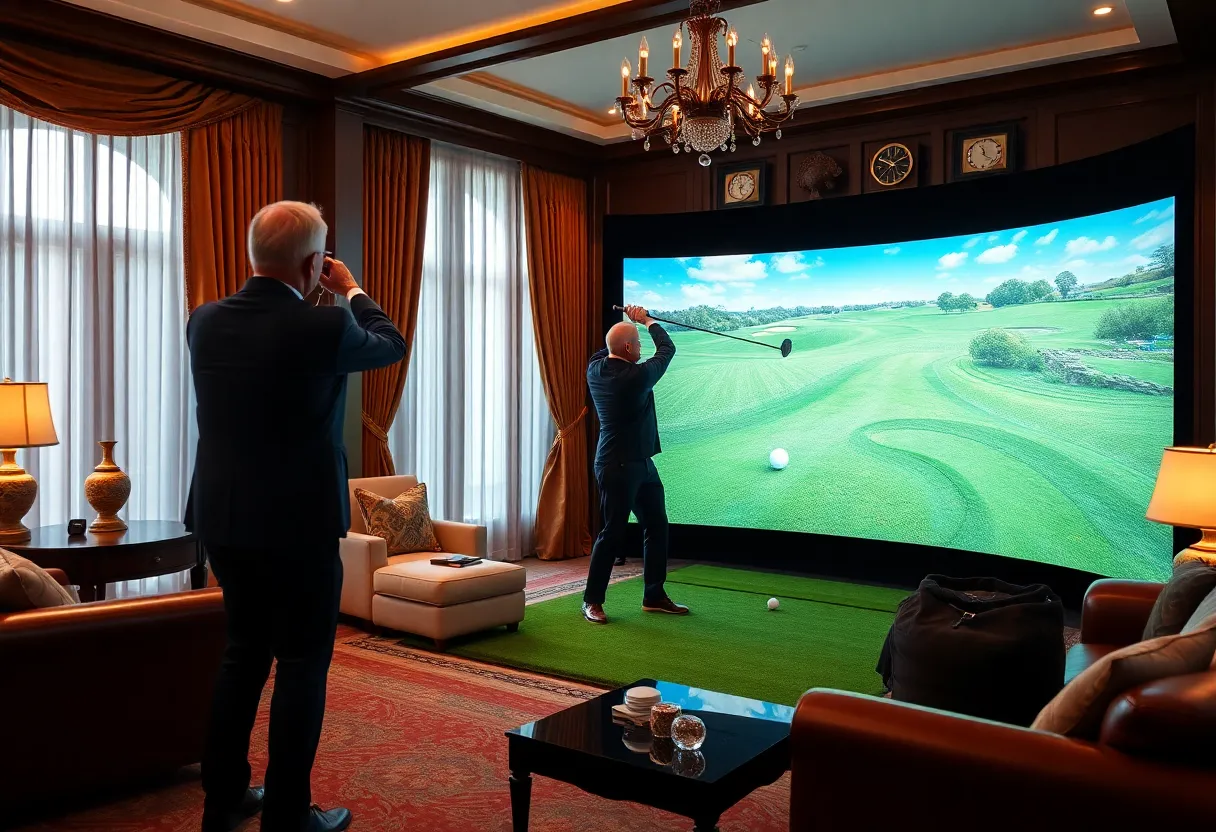 A politician using a golf simulator in a lavish living room.