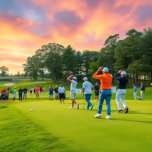 Golfers playing in a tournament on a sunny day