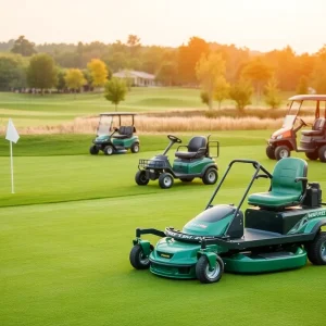 Modern golf course equipment including sustainable mowers and carts