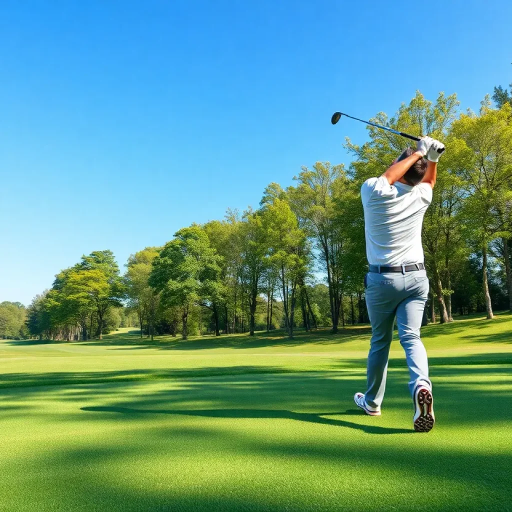 Golfer swinging a hybrid club on a golf course