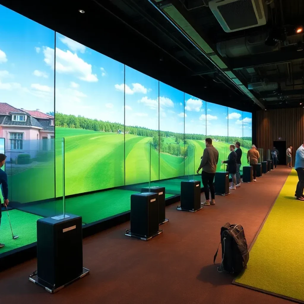 Indoor golf lounge with simulators and people enjoying a game.